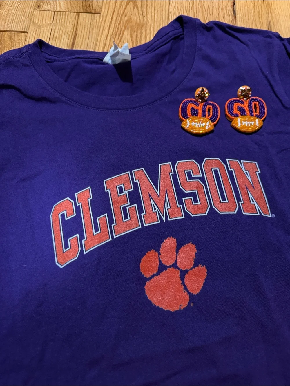 Clemson T-shirt and beaded GO earrings